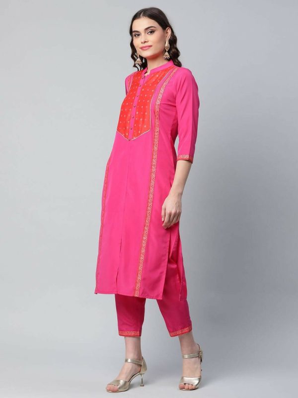 Ahalyaa Womens Pink Crepe Printed Kurta Pant Set on Sale