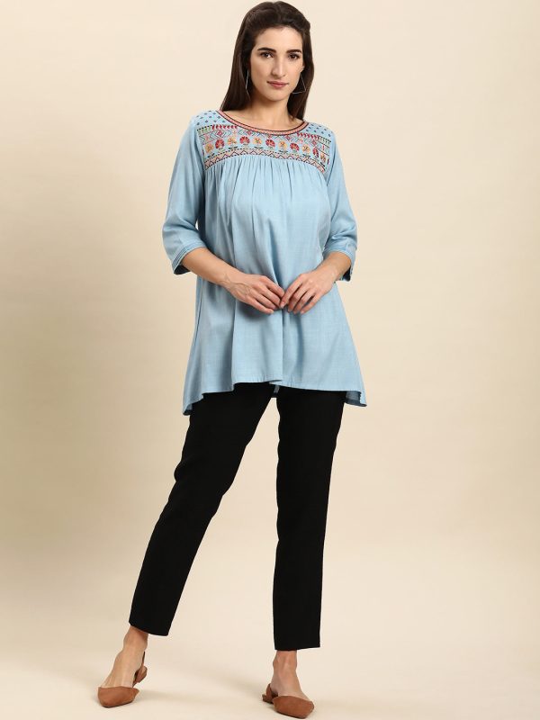 Janasya Women s Light Blue Rayon Slub Embroidered Regular Tunic Discount