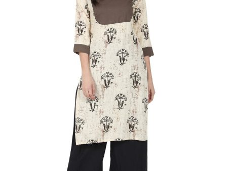 NOZ2TOZ Beige Printed 3 4Th Sleeve Cotton Kurta For Discount