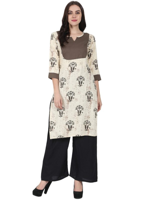 NOZ2TOZ Beige Printed 3 4Th Sleeve Cotton Kurta For Discount