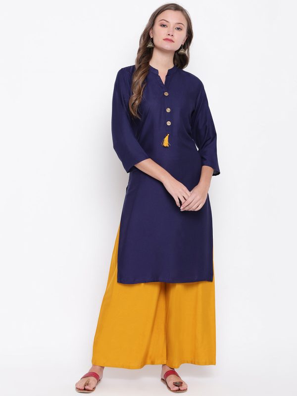 NOZ2TOZ Women s Solid Straight Rayon Blue Kurti Supply