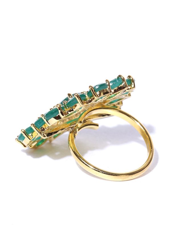 Priyaasi Designer Emerald Stone Studded Gold Plated Green Floral Design Stylish Adjustable Ring For Women And Girls Hot on Sale