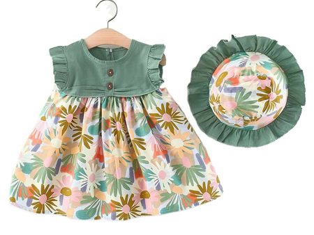 Bold N Elegant Cotton Floral Printed Ruffle Sleeve Princess Dress Frock With Fabric Hat Cap - Green Discount