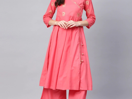 Wahe-NOOR Women s Coral Pink Yoke Design Angrakha Kurta With Palazzos Hot on Sale