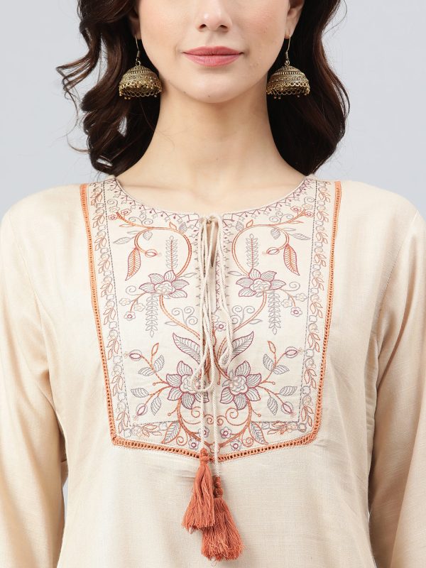 Janasya Women s Beige Rayon Slub Embroidered A-Line Top Sale