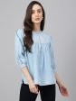 Janasya Women s Light Blue Denim Embroidered Flared Top Online now