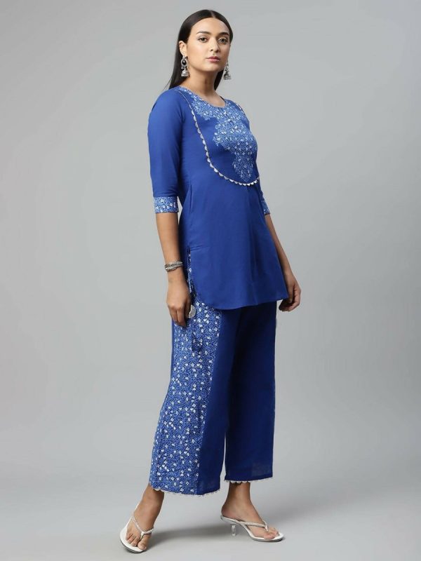 Ahalyaa Womens Royal Blue Pure Cotton Printed Tunic Palazzo Set For Sale