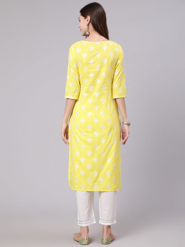 NOZ2TOZ Women Yellow Printed Straight Kurta With Solid White Palazzo Hot on Sale