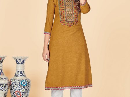 NOZ2TOZ Women s Solid & Embroidered Straight Cotton Mustard Stitched Kurta on Sale