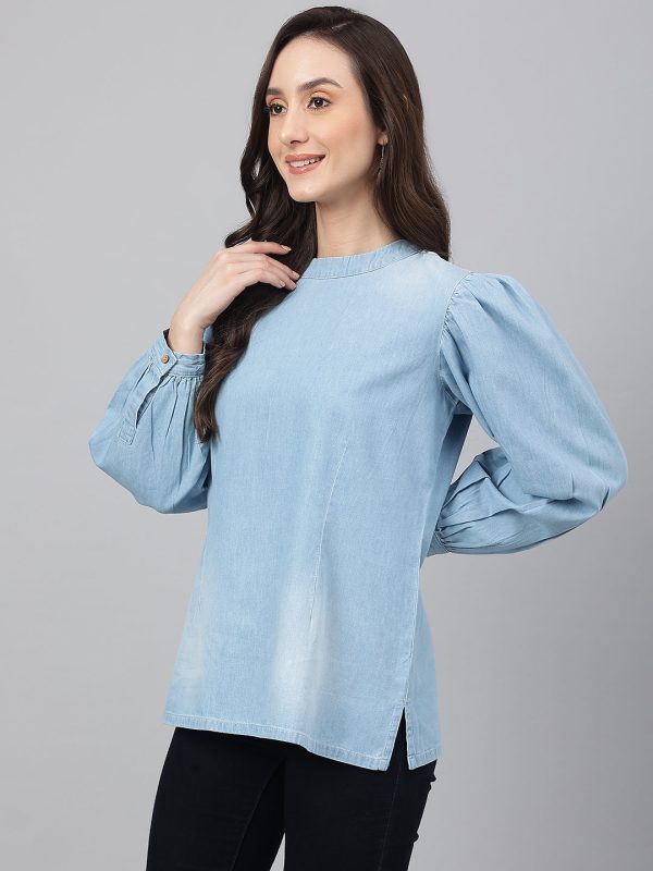 Janasya Women s Light Blue Denim Solid Regular Top Online now