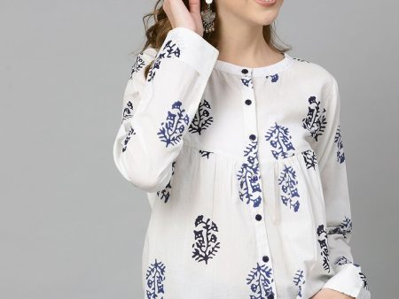 NOZ2TOZ White Navy Blue Printed Tunic With Mandarin Collar & Full Sleeves Cheap