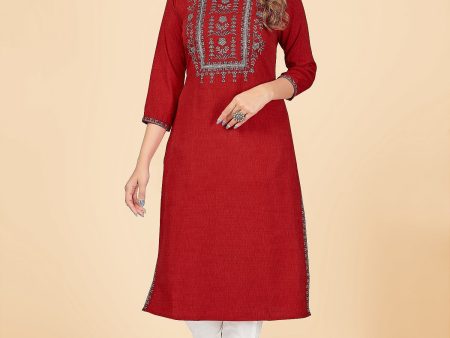 NOZ2TOZ Women s Solid & Embroidered Straight Rayon Red Stitched Kurta Online