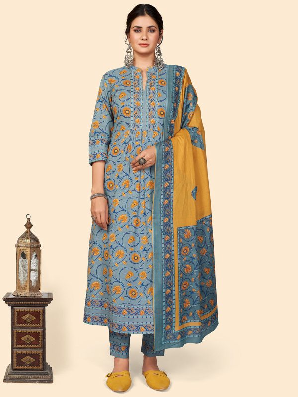 NOZ2TOZ Women Teal Blue Cotton Kurta With Pant & Dupatta (3pcs Set) Online Sale