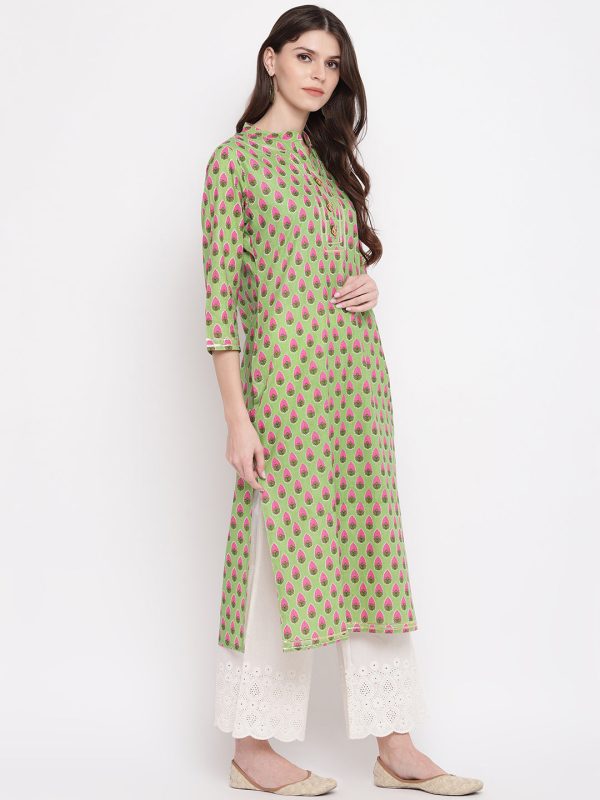 NOZ2TOZ Women s Printed, Lace Work Straight Cotton Parrot Green Kurti Online now