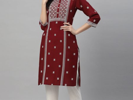 Juniper Maroon Rayon Festive Placement Print Straight Kurta For Women Discount