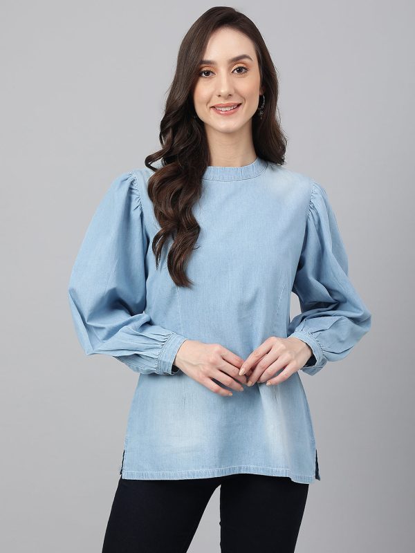 Janasya Women s Light Blue Denim Solid Regular Top Online now