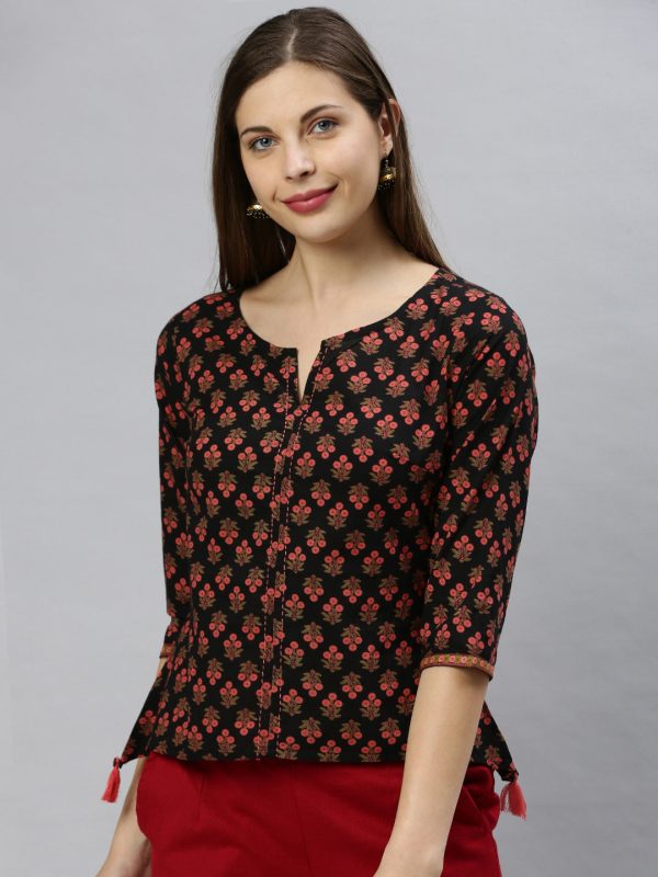 Janasya Women s Black Cotton Floral Print Regular Top Online