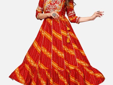 NOZ2TOZ Women s Red Bandhani Anarkali Kurta- (1pc Set) For Discount