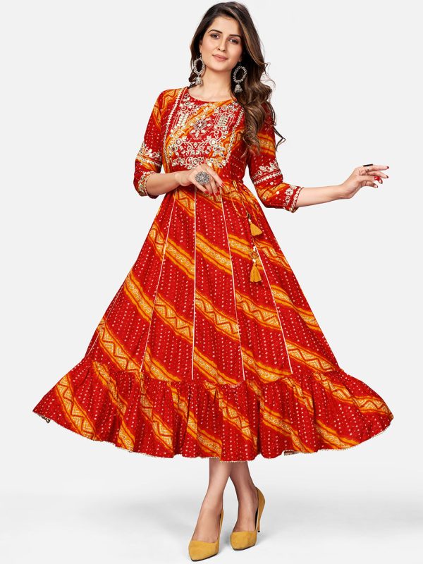 NOZ2TOZ Women s Red Bandhani Anarkali Kurta- (1pc Set) For Discount