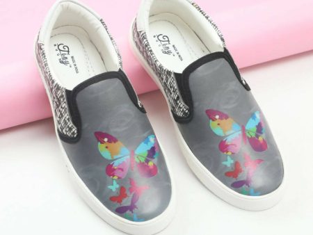 Tiny Bugs Girls Butterfly Print Slip Ons Sneakers - Dark Grey Hot on Sale