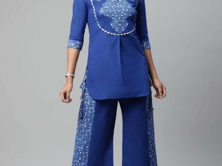 Ahalyaa Womens Royal Blue Pure Cotton Printed Tunic Palazzo Set For Sale