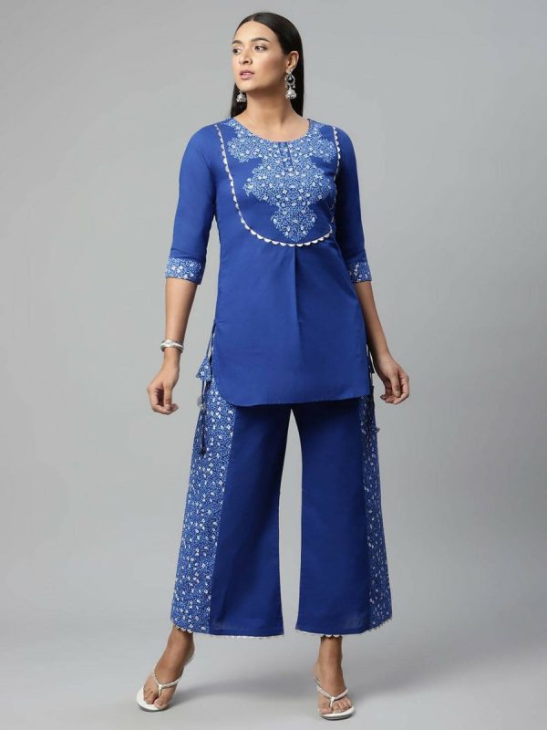 Ahalyaa Womens Royal Blue Pure Cotton Printed Tunic Palazzo Set For Sale