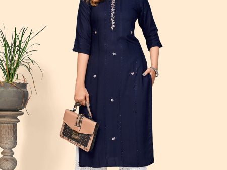 NOZ2TOZ Women s Sequience & Hand Work Straight Viscose Navy Blue Stitched Kurta Supply