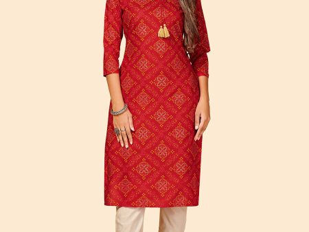 NOZ2TOZ Women s Printed Straight Cotton Red Stitched Kurta Online now