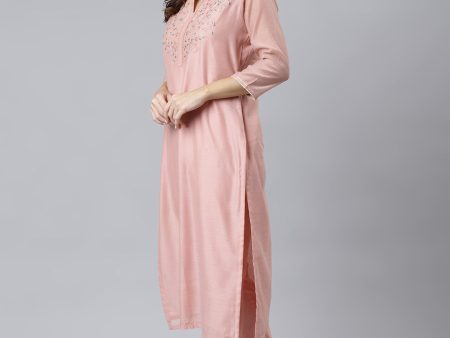 Janasya Women s Baby Pink Poly Silk Solid Kurta With Pant And Dupatta Online Hot Sale