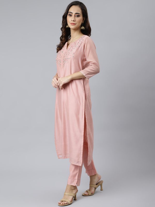 Janasya Women s Baby Pink Poly Silk Solid Kurta With Pant And Dupatta Online Hot Sale