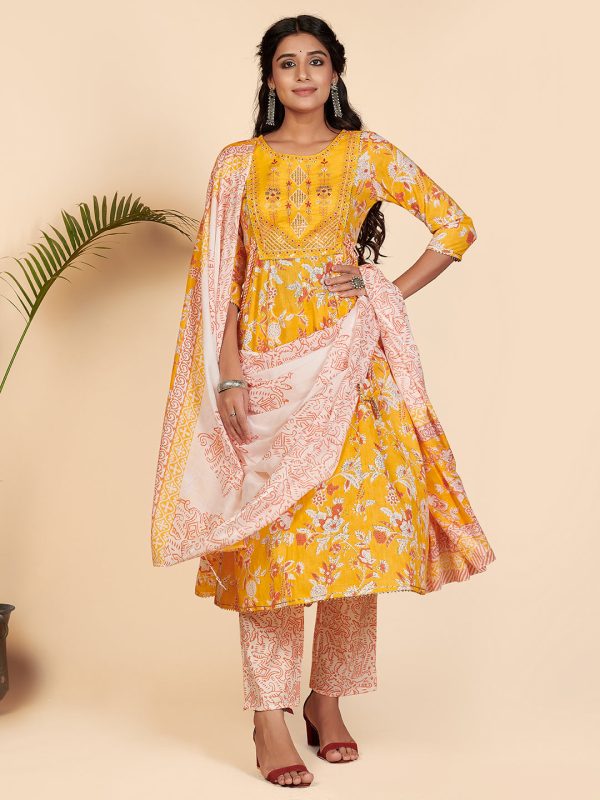 NOZ2TOZ Women Yellow Floral Printed Anarkali Kurta With Pants & Dupatta (3 Pc Set) Cheap