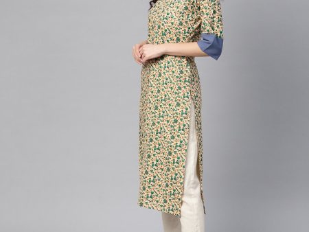 NOZ2TOZ Beige Multi-Colored Straight Kurta With Round Neck With Solid Blue Cuff Detailing For Discount