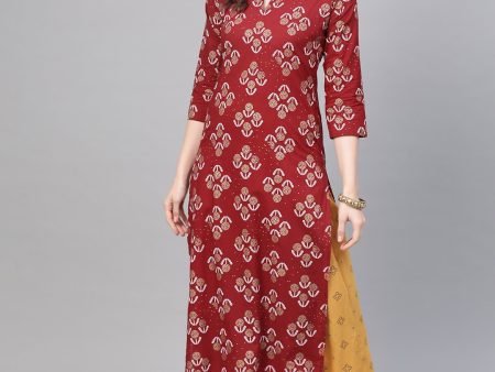 NOZ2TOZ Berry Red & Mustard Yellow Gold Printed Kurta Set With Skirt For Discount