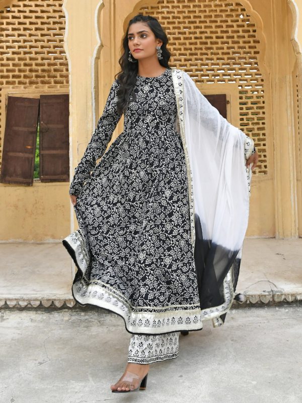 Janasya Women s Black Cotton Floral Print Kurta With Palazzo And Dupatta Online now