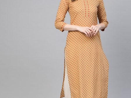 NOZ2TOZ Beige Printed Straight Kurta With Round Neck With 3 4 Sleeves Online now