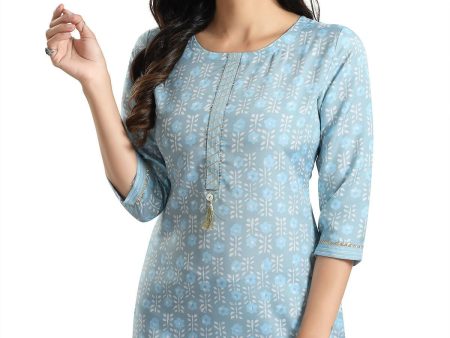 Snehal Creations Pretty Pastel Sky Blue Rayon Short Kurti Tunic Top For Discount