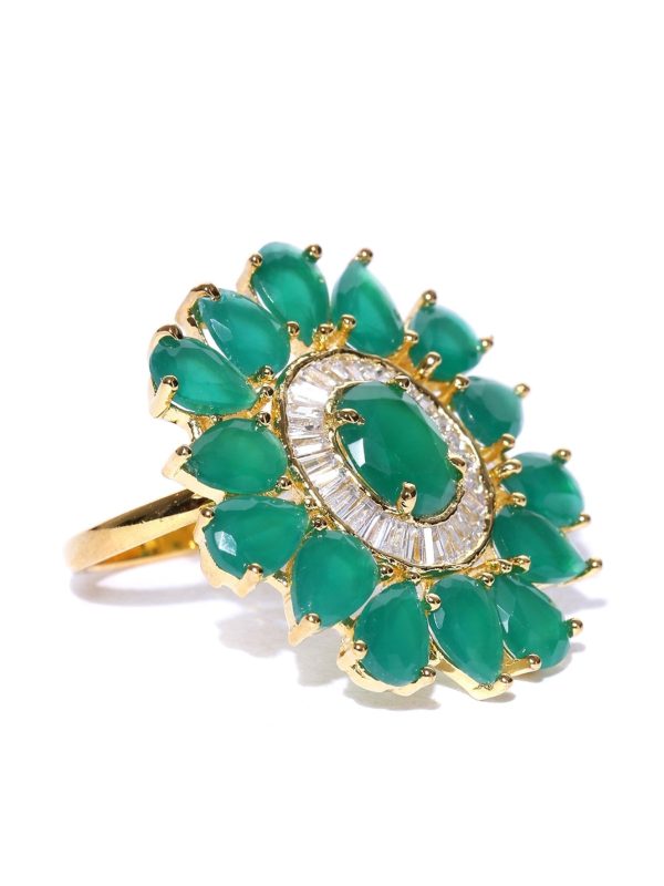 Priyaasi Designer Emerald Stone Studded Gold Plated Green Floral Design Stylish Adjustable Ring For Women And Girls Hot on Sale