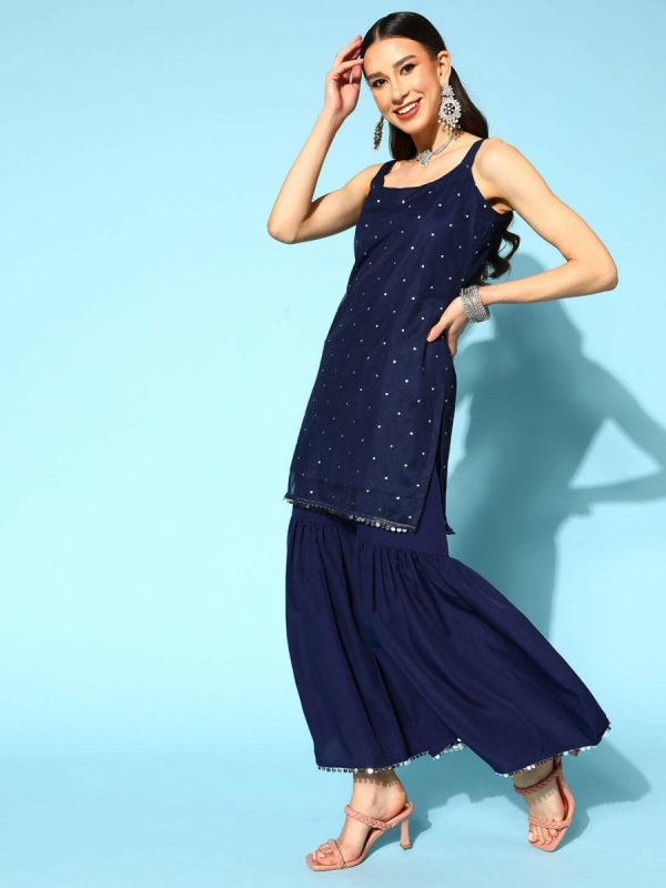 Ahalyaa Women Navy Blue Colour Crepe Foil Printed Kurta Sharara Set With Dupatta Sale