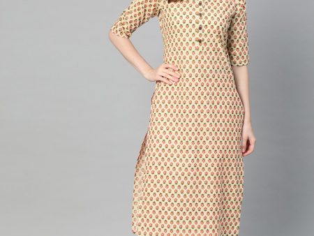 NOZ2TOZ Beige With Multi Floral Printed Kurta With Buttons Detailing Online