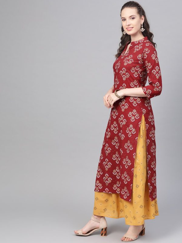 NOZ2TOZ Berry Red & Mustard Yellow Gold Printed Kurta Set With Skirt For Discount