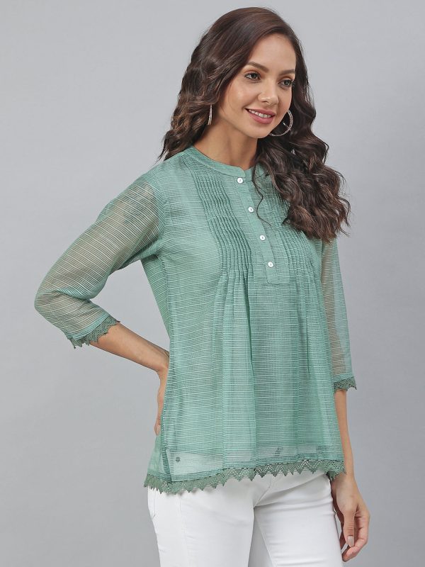 Janasya Women s Green Kota Doria Embellished Regular Top Online Hot Sale