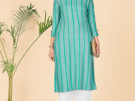 NOZ2TOZ Women s Stripe Print Straight Rayon Grey & Green Stitched Kurta Supply