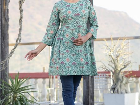 Kaajh Green Motif Printed Shirt Style Cotton Tunic Online now