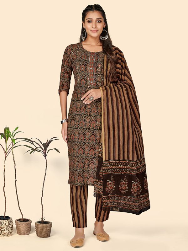 NOZ2TOZ Women s Sequience Straight Cotton Brown Stitched Kurta Pant With Dupatta Fashion