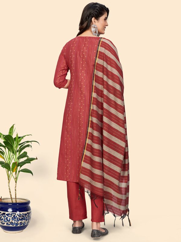 NOZ2TOZ Women s Print & Embroidered Straight Cotton Coral Stitched Kurta Pant With Dupatta Fashion