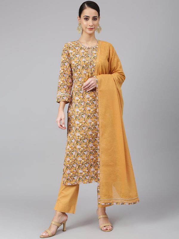 Janasya Women s Light Brown Cotton Floral Print Kurta With Pant And Dupatta Supply