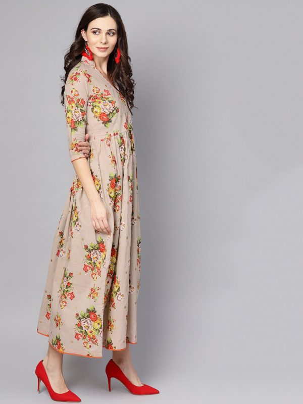 NOZ2TOZ Beige Multi Colored Angrakha Style Maxi Dress Emblished With Tassels Online Hot Sale