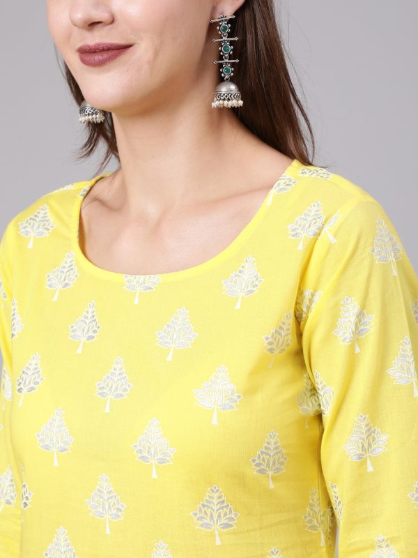 NOZ2TOZ Women Yellow Printed Straight Kurta With Solid White Palazzo Hot on Sale