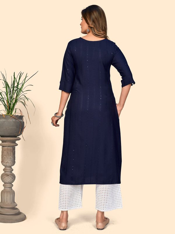 NOZ2TOZ Women s Sequience & Hand Work Straight Viscose Navy Blue Stitched Kurta Supply