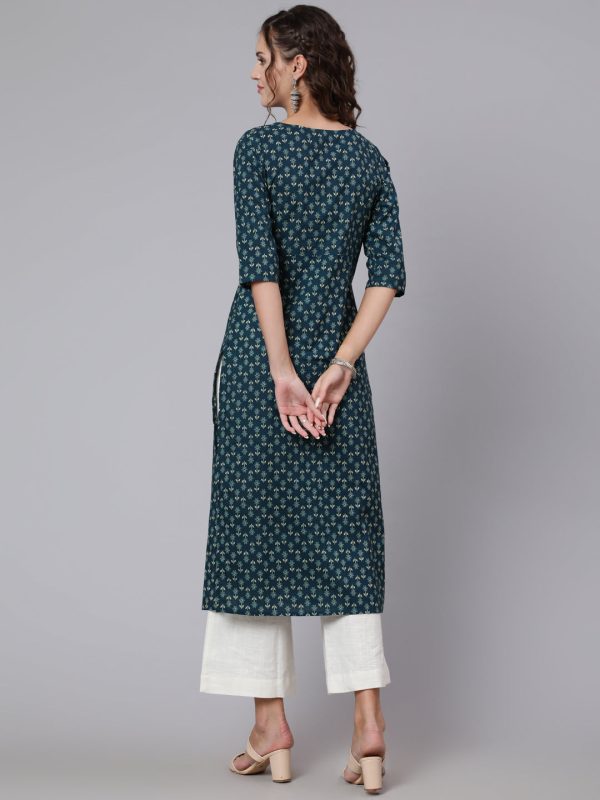 Noz2Toz Women Teal Blue Printed Straight Kurta With Three Quarter Sleeves Sale